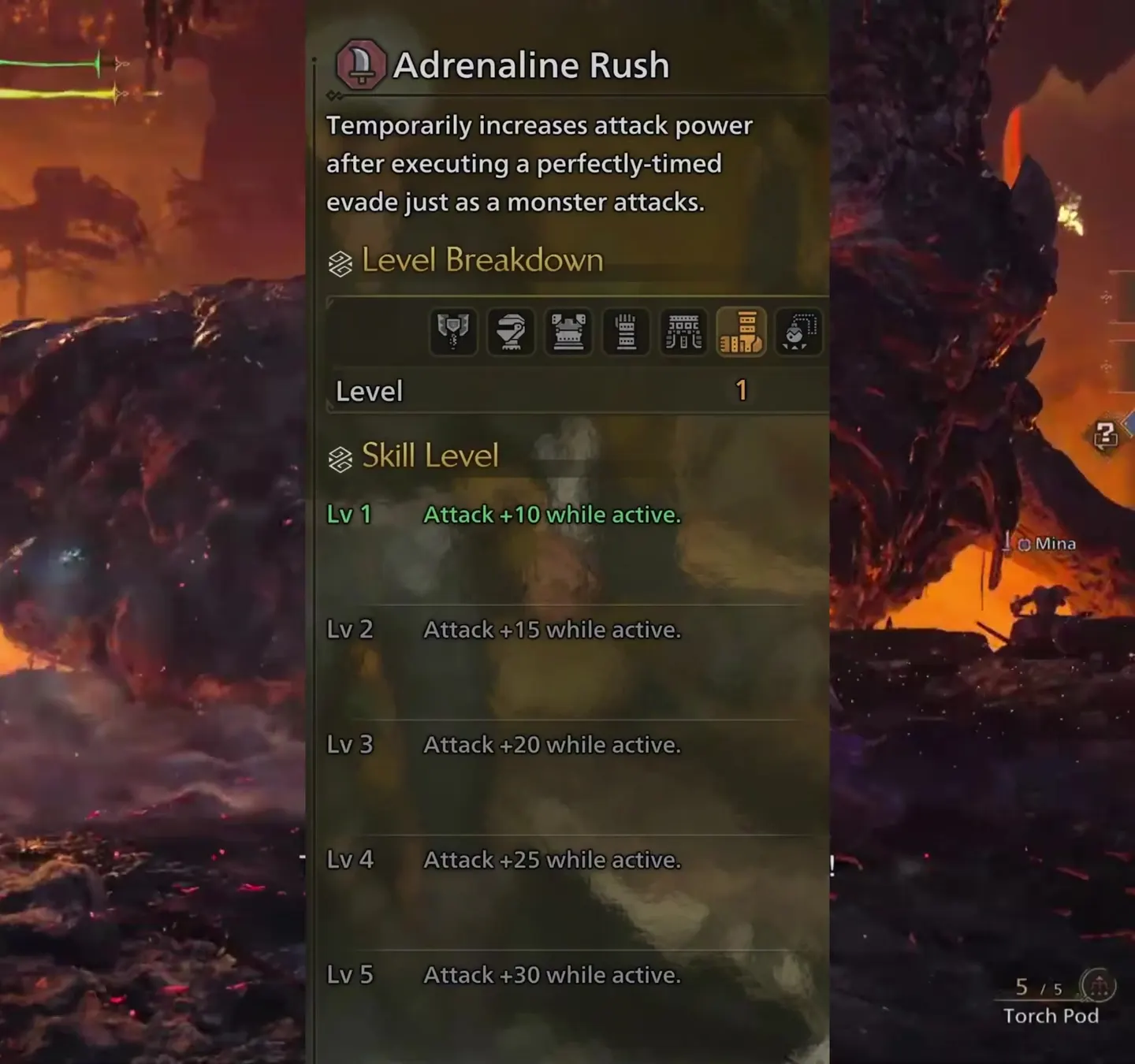 Monster Hunter Wilds Adrenaline Rush skill panel: attack +10, +15, +20, +25 and +30 after a perfectly timed evade