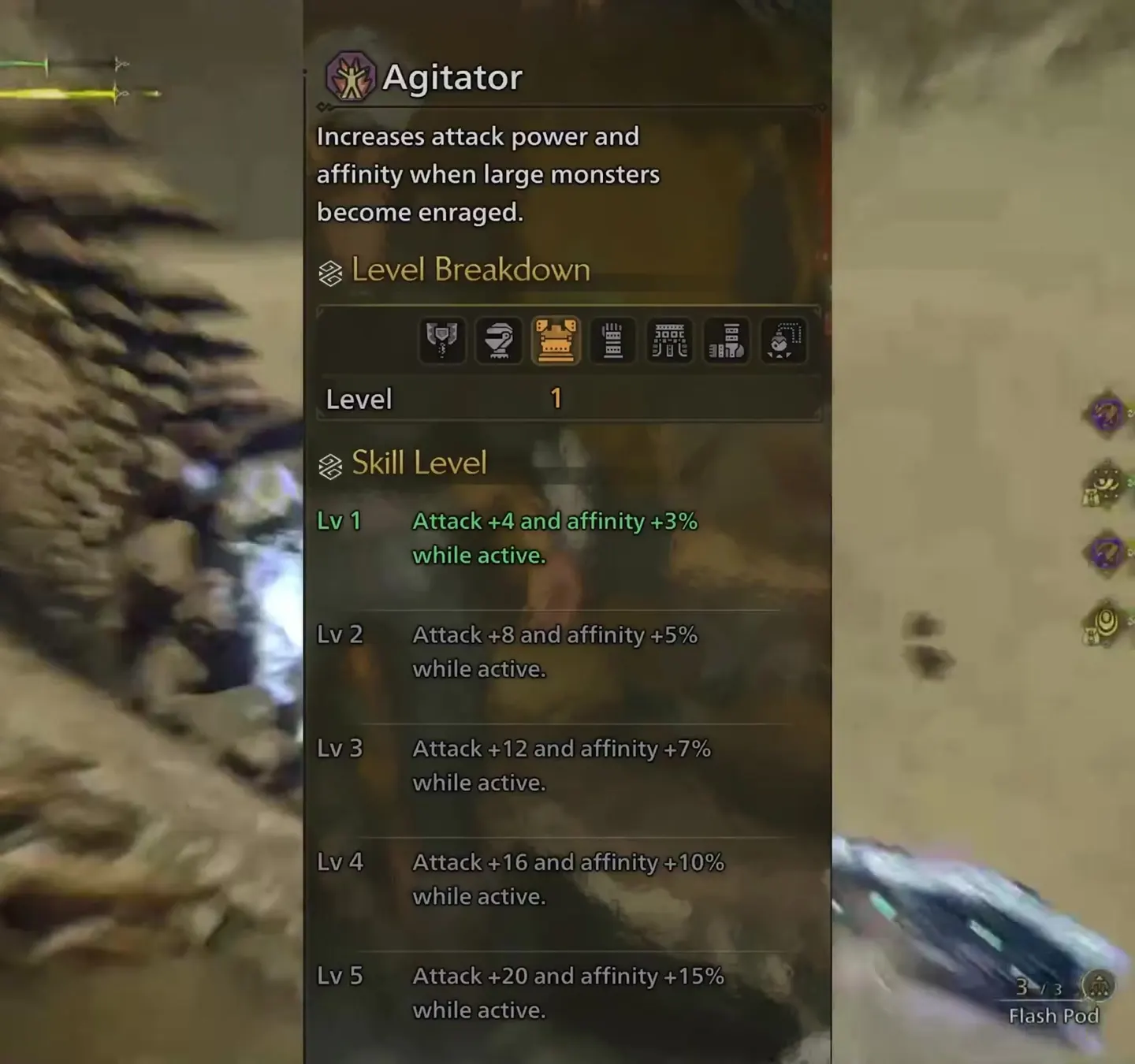 Monster Hunter Wilds Agitator skill panel: attack +4 and affinity +3 percent at Lv 1 up to attack +20 and affinity +15 percent at Lv 5