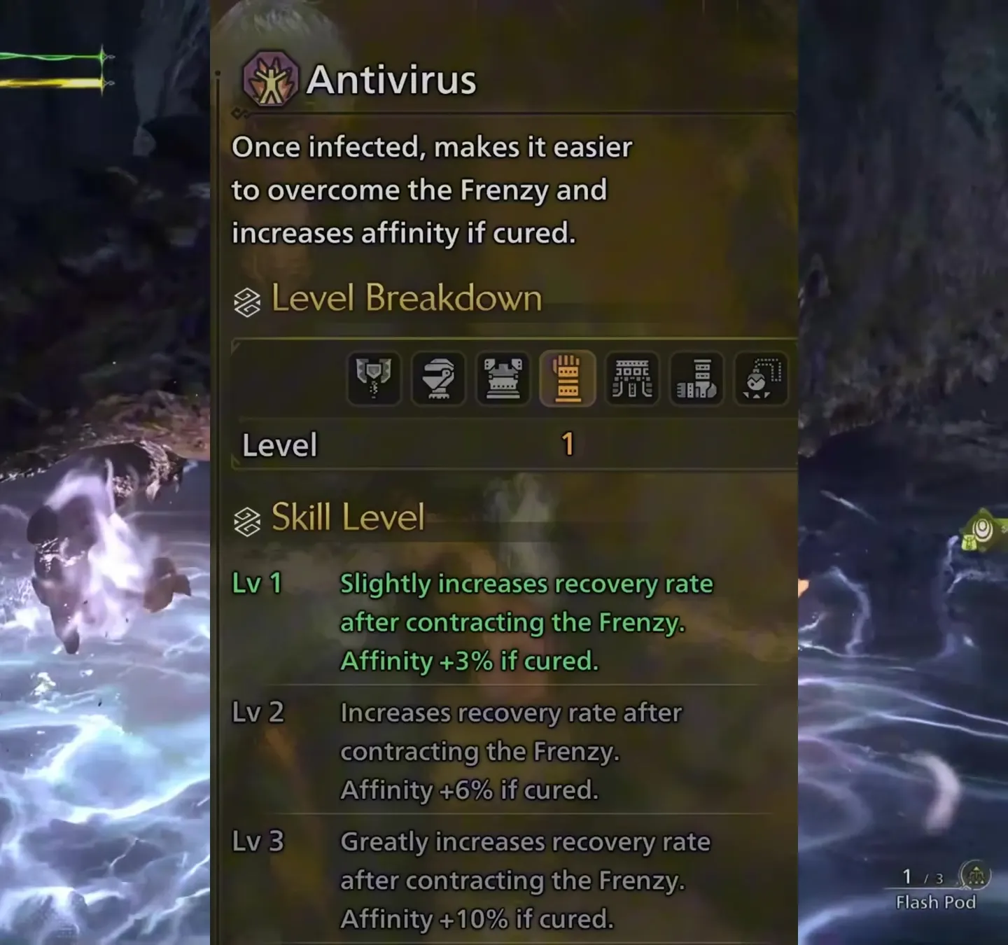 Monster Hunter Wilds Antivirus skill panel: faster recovery from the Frenzy and affinity +3, +6 and +10 percent if cured