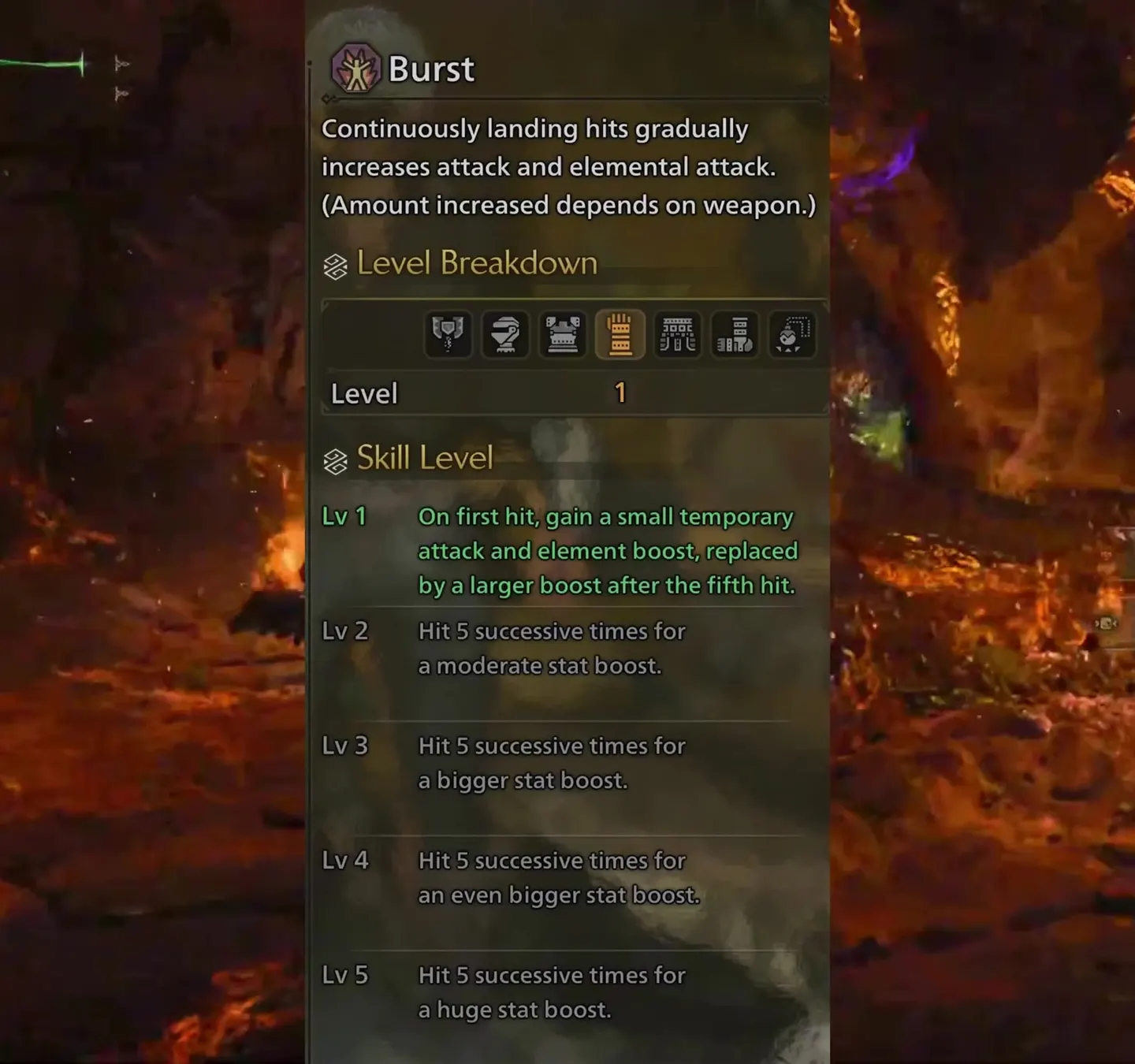 Monster Hunter Wilds Burst skill panel: a small boost on the first hit replaced by a larger one after the fifth, growing with each level