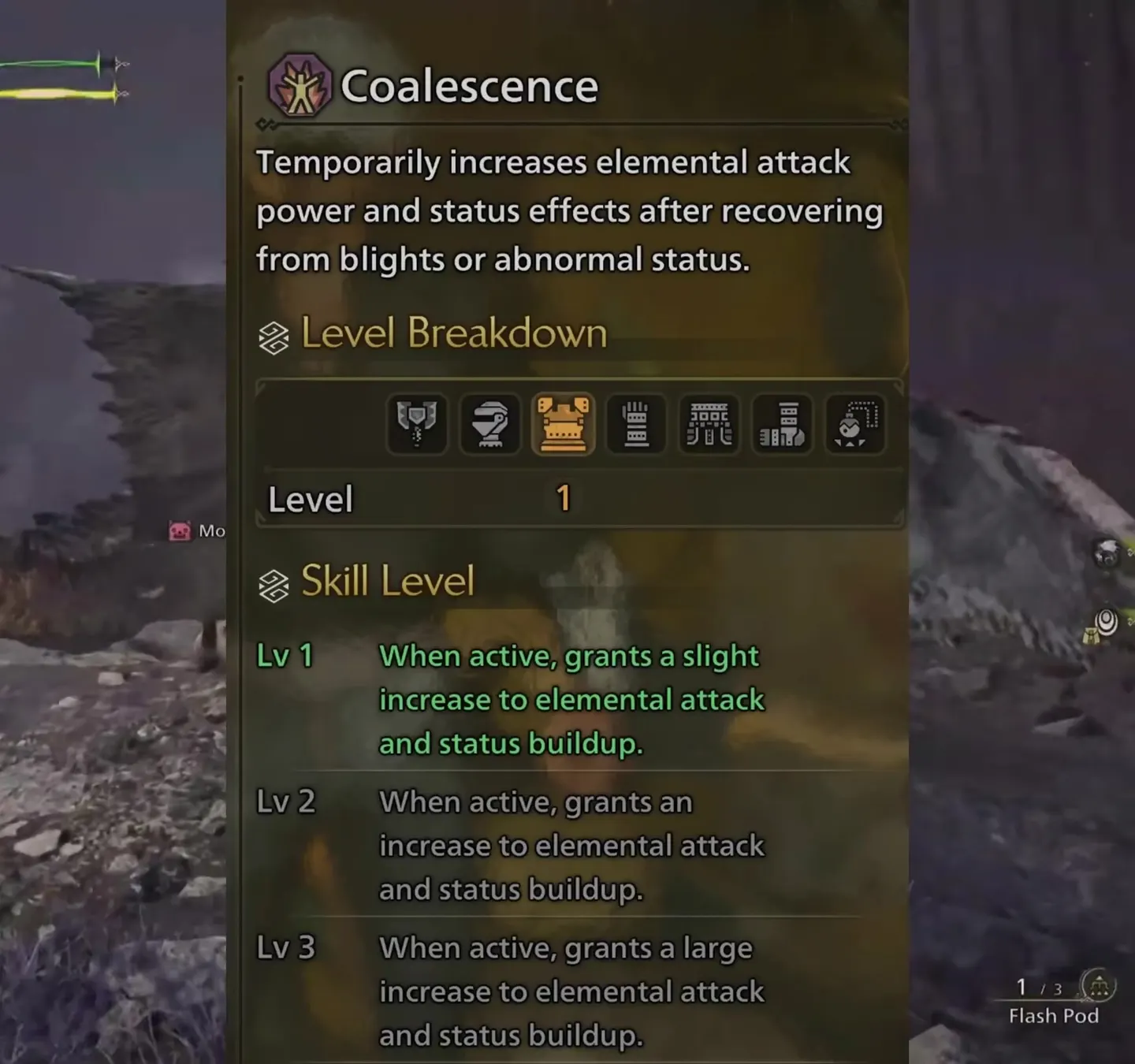 Monster Hunter Wilds Coalescence skill panel: a slight, normal and large increase to elemental attack and status buildup after recovering from a status