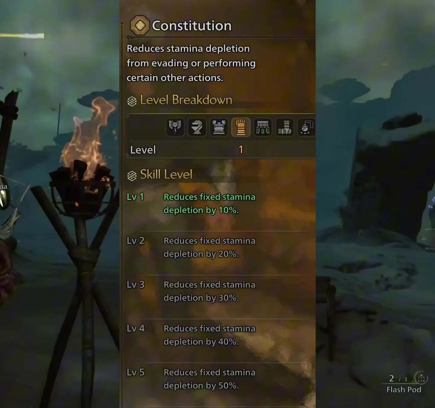 Monster Hunter Wilds Constitution skill panel: fixed stamina depletion reduced by 10, 20, 30, 40 and 50 percent