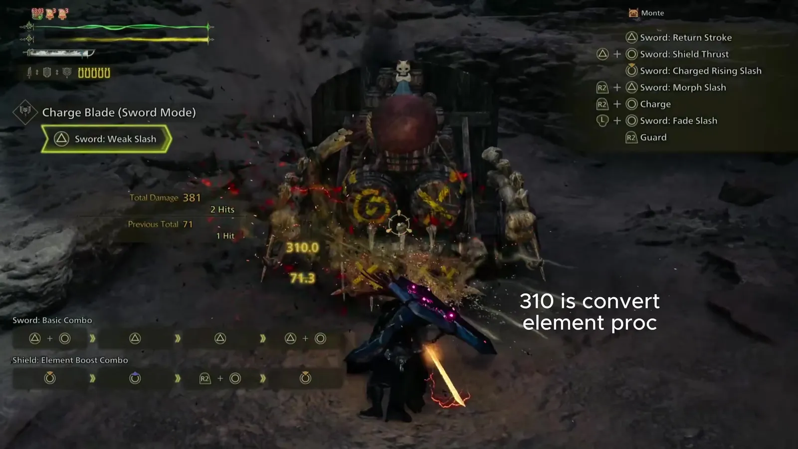 Monster Hunter Wilds Charge Blade hitting a training dummy, with a 310 damage number that Monclerty labels a Convert Element proc