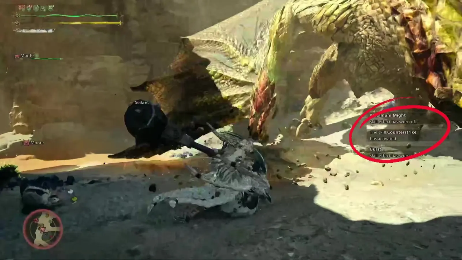Monster Hunter Wilds hunter knocked down by a monster with the log line The skill Counterstrike has activated circled in red