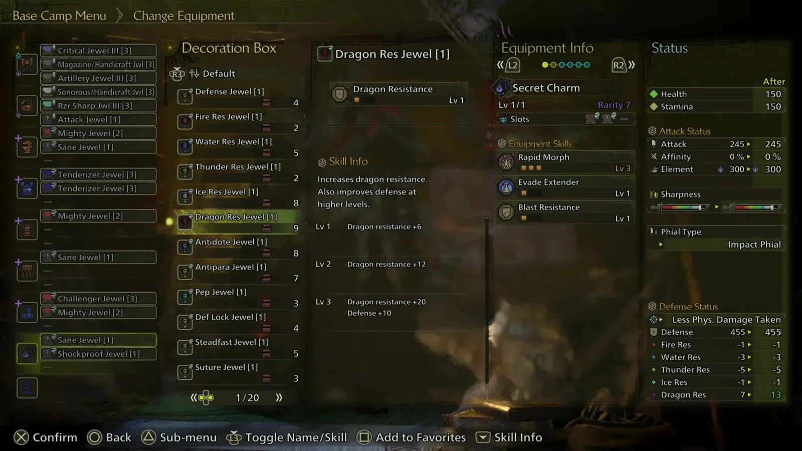 Monster Hunter Wilds decoration box with Tenderizer Jewel [3], Mighty Jewel [2], Challenger Jewel [3] and Sane Jewel [1] slotted in a Charge Blade set