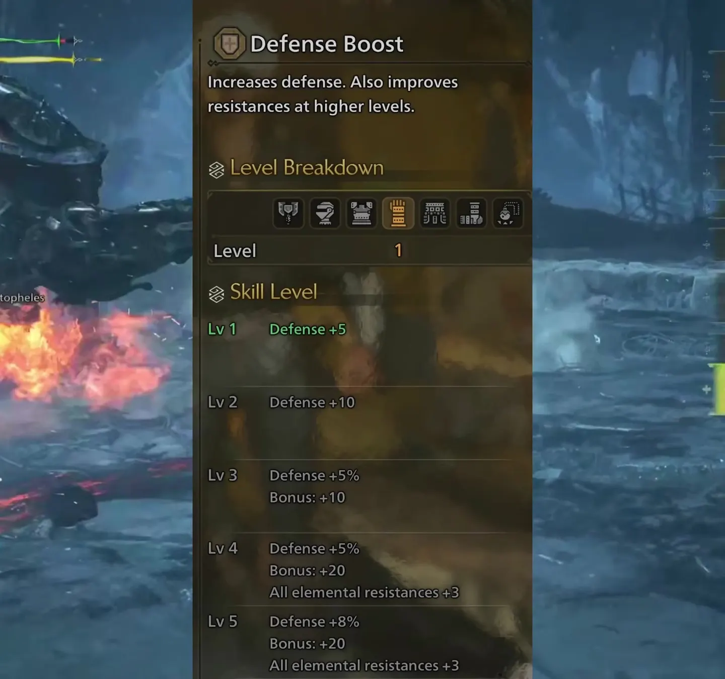 Monster Hunter Wilds Defense Boost skill panel: defense +5 and +10, then percentage bonuses and elemental resistances from Lv 3 to Lv 5