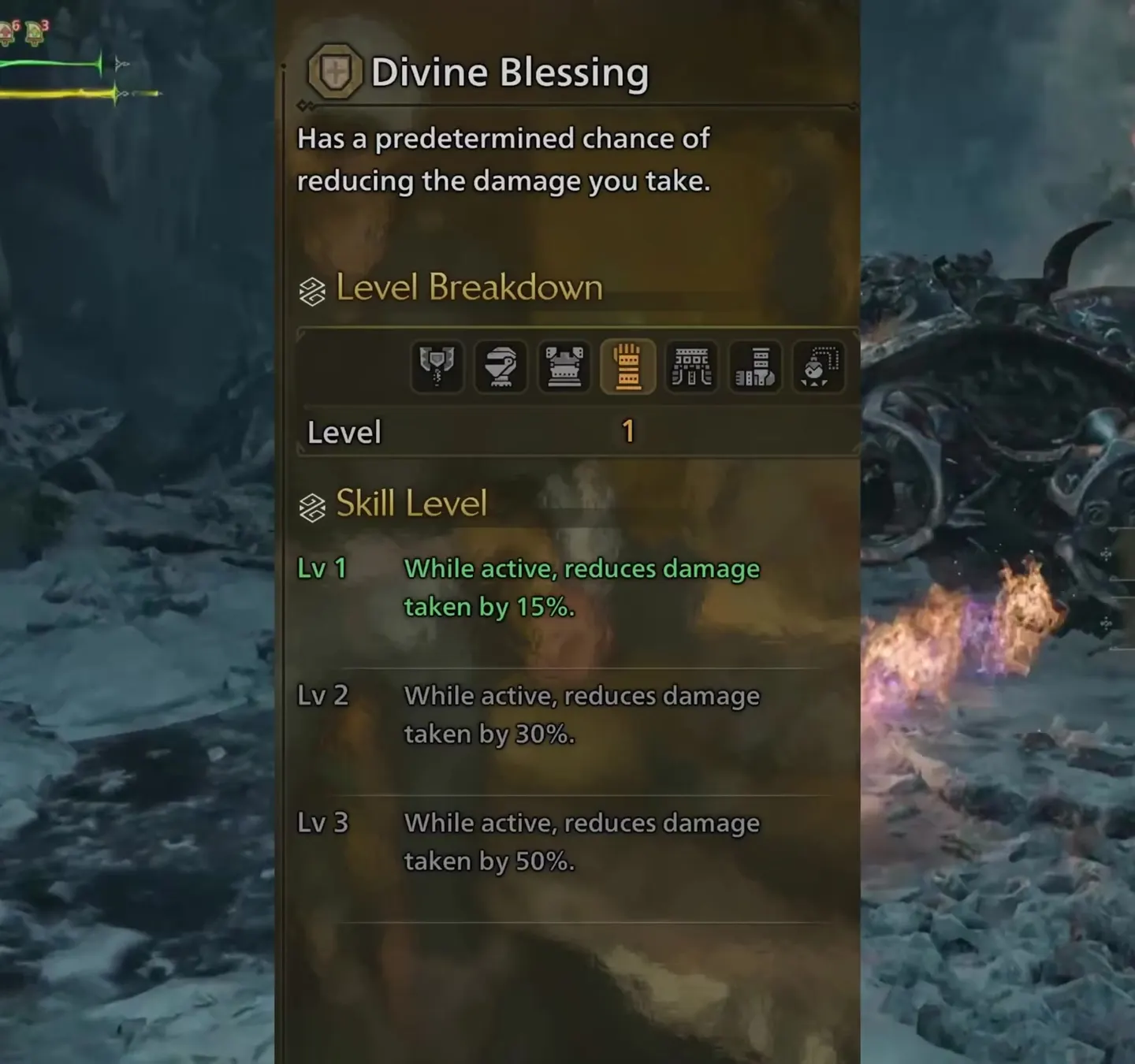 Monster Hunter Wilds Divine Blessing skill panel: damage taken reduced by 15, 30 and 50 percent while active