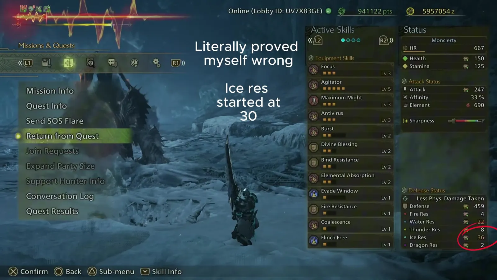 Monster Hunter Wilds equipment screen with Ice resistance at 36, up from 30, with Elemental Absorption Lv 2 active