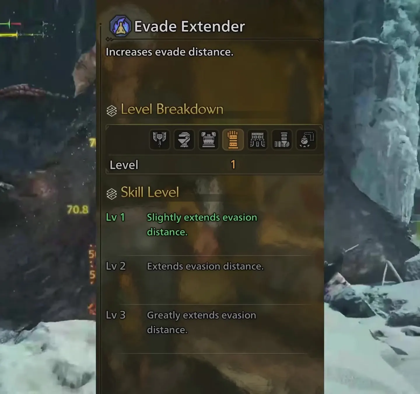 Monster Hunter Wilds Evade Extender skill panel: slightly extends, extends and greatly extends evasion distance