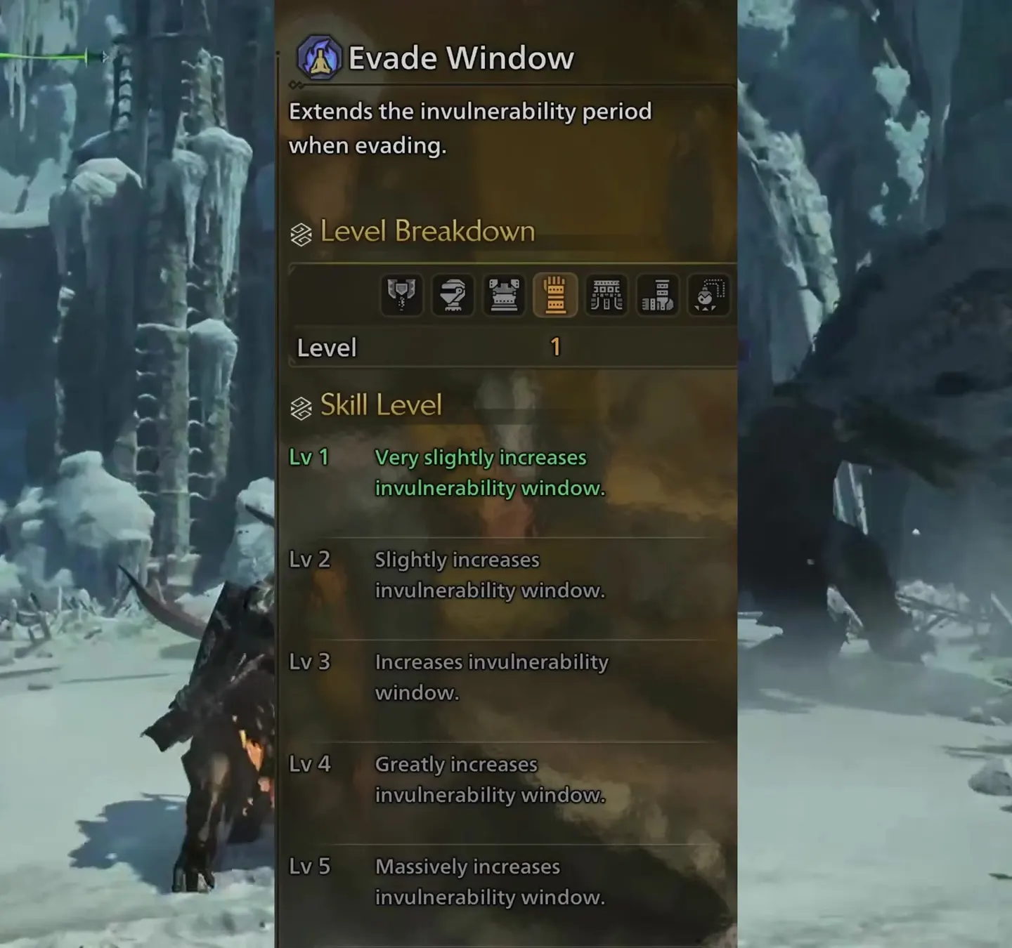 Monster Hunter Wilds Evade Window skill panel: from very slightly to massively increased invulnerability window across five levels