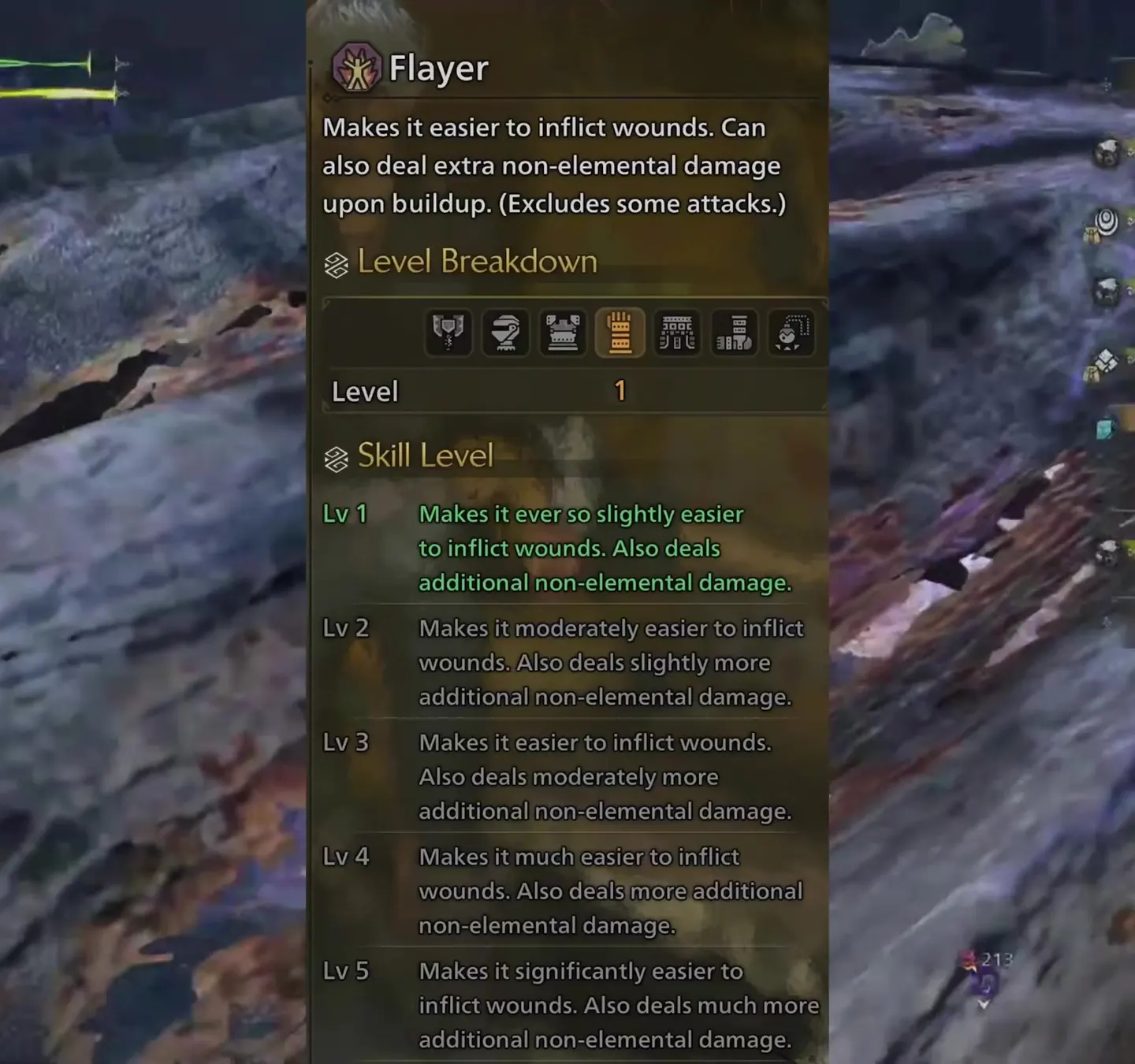 Monster Hunter Wilds Flayer skill panel with five levels, from slightly easier wounds to significantly easier wounds and much more extra damage