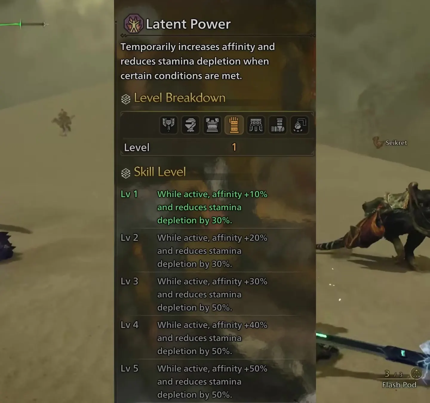 Monster Hunter Wilds Latent Power skill panel: affinity +10 to +50 percent and stamina depletion reduced by 30 to 50 percent