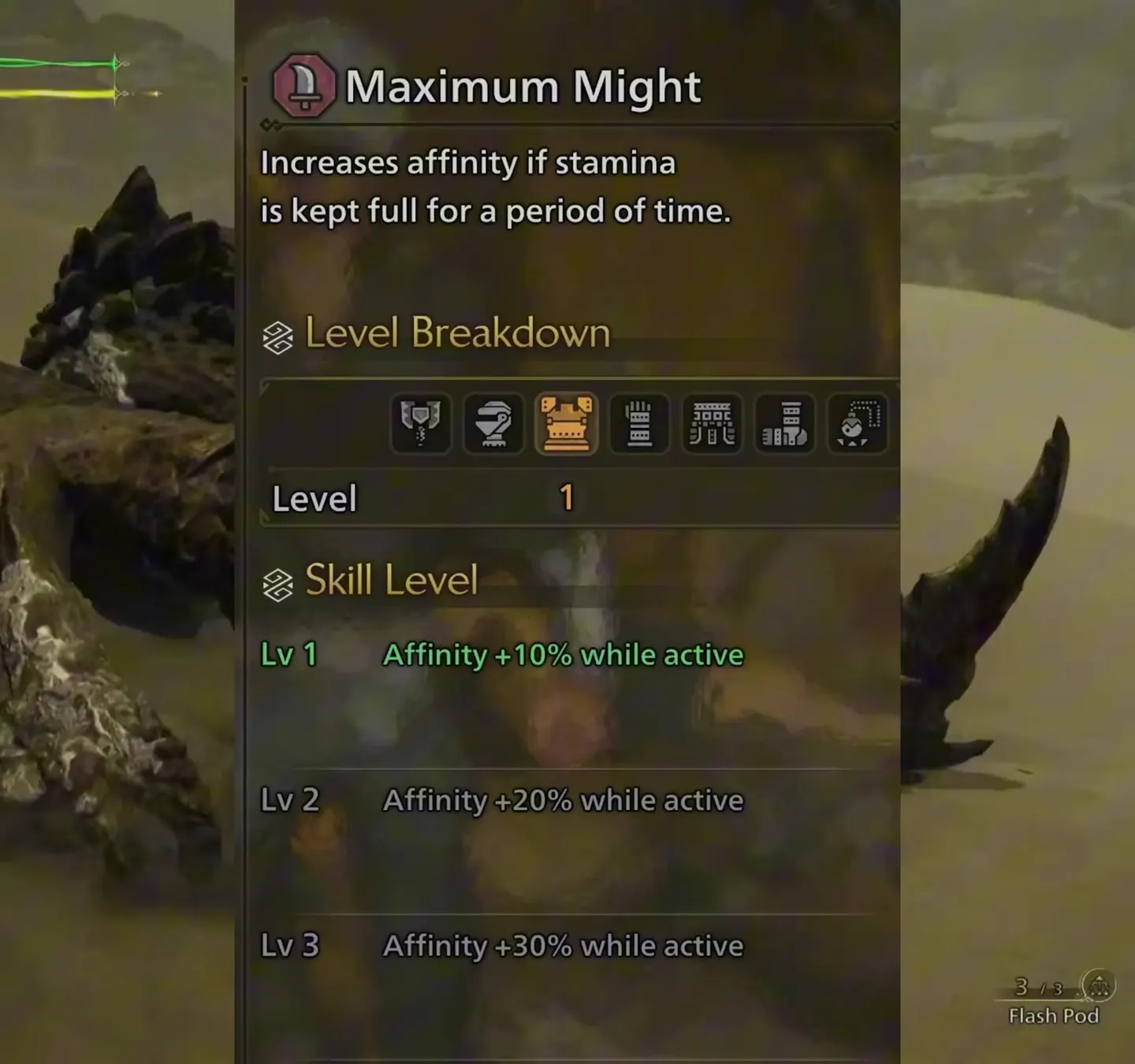 Monster Hunter Wilds Maximum Might skill panel: affinity +10, +20 and +30 percent while active across three levels