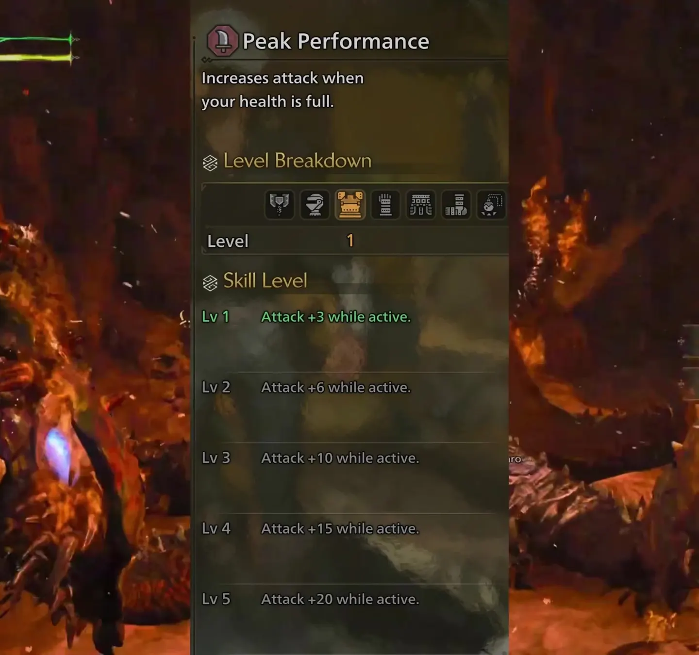 Monster Hunter Wilds Peak Performance skill panel: attack +3, +6, +10, +15 and +20 while health is full