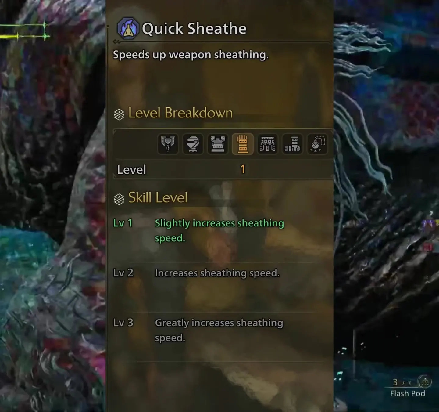 Monster Hunter Wilds Quick Sheathe skill panel: slightly increases, increases and greatly increases sheathing speed