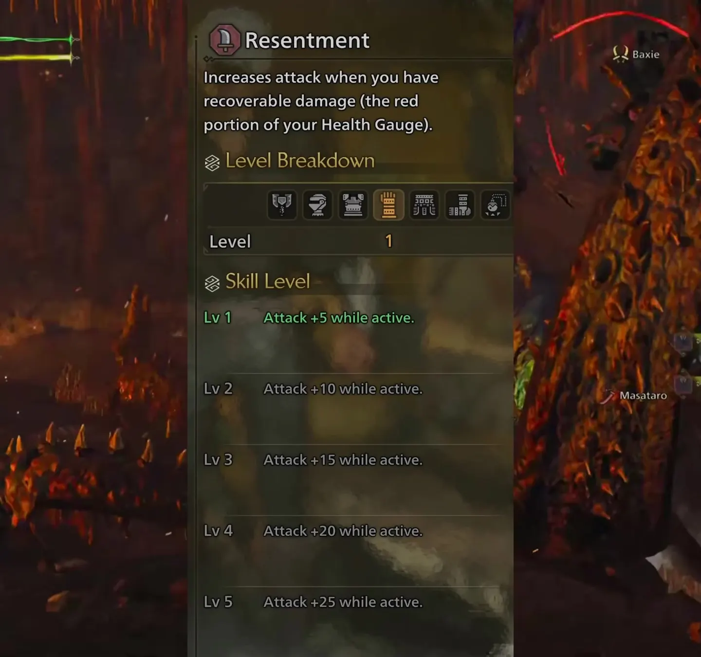 Monster Hunter Wilds Resentment skill panel: attack +5, +10, +15, +20 and +25 while you have recoverable health