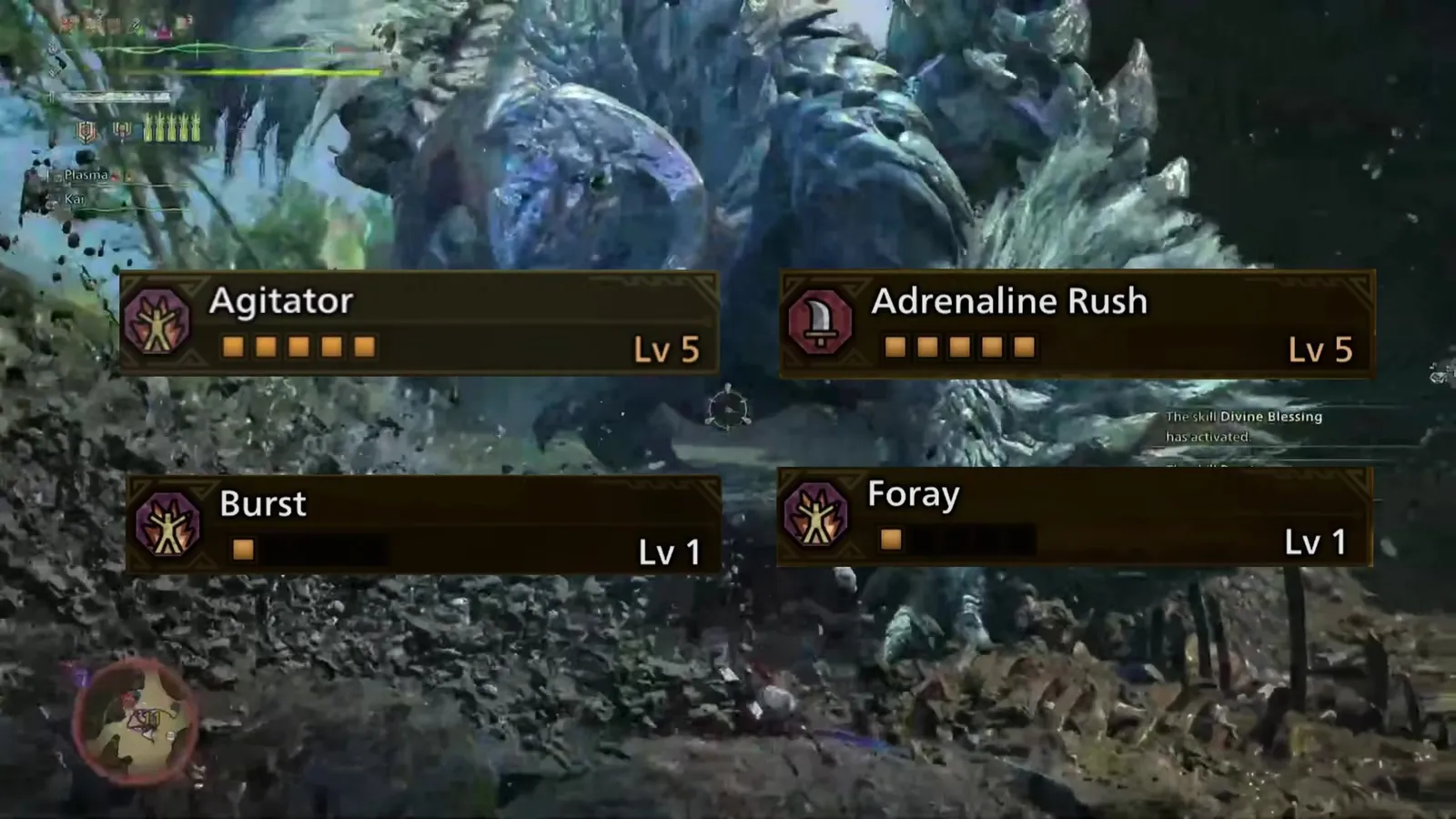 Monster Hunter Wilds skill pop-ups over a hunt: Agitator Lv 5, Adrenaline Rush Lv 5, Burst Lv 1 and Foray Lv 1