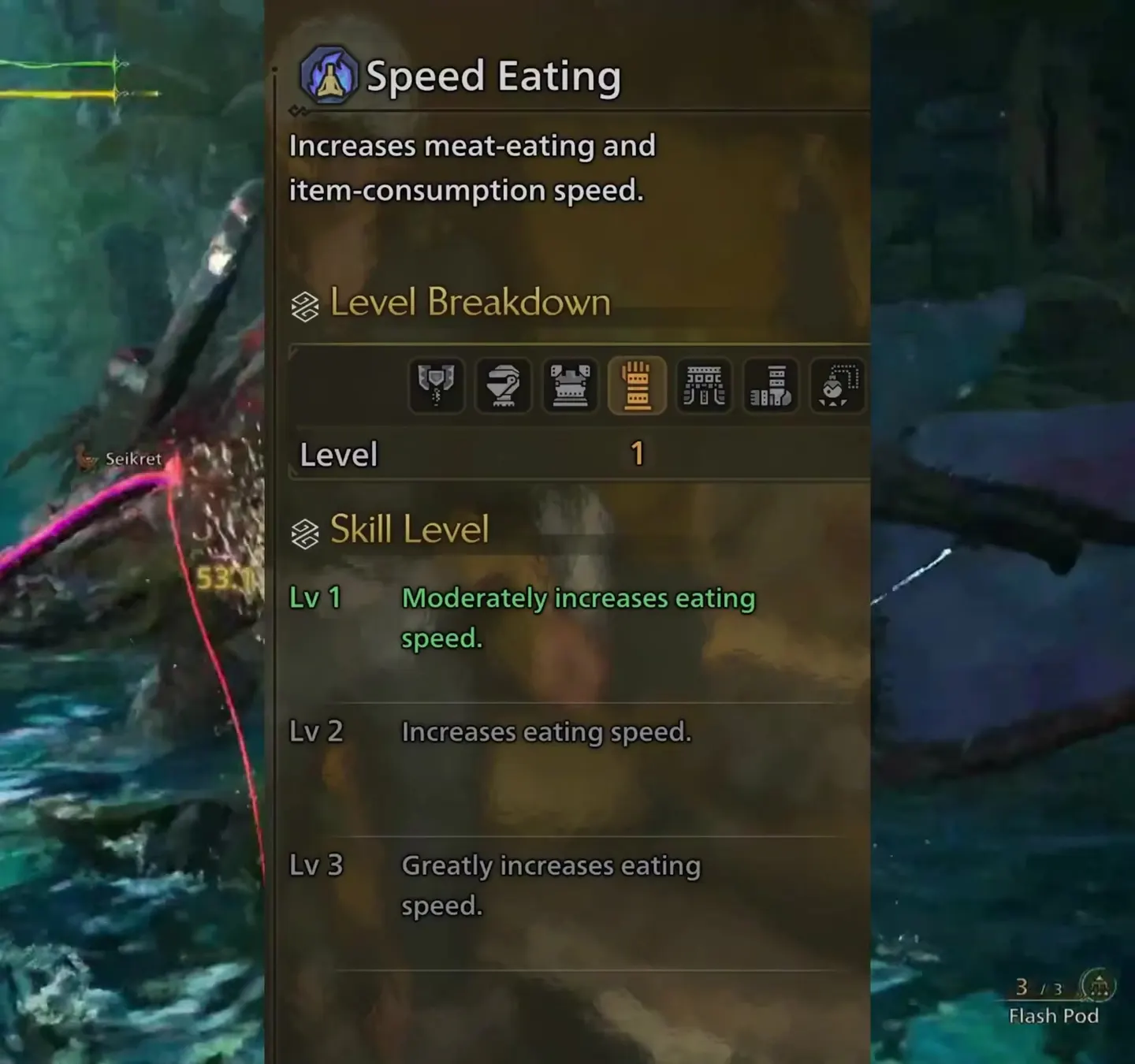 Monster Hunter Wilds Speed Eating skill panel: moderately increases, increases and greatly increases eating speed