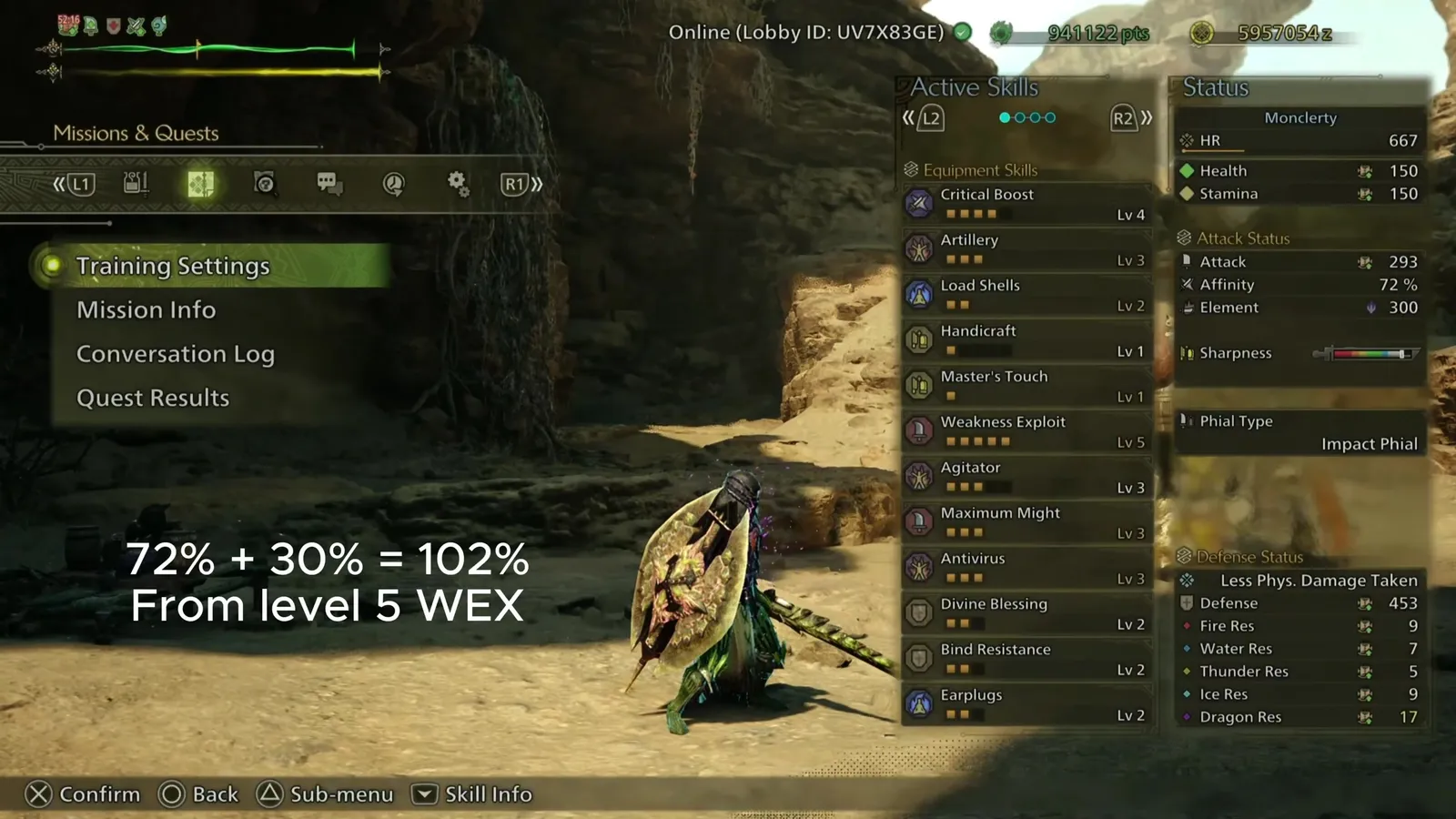 Monster Hunter Wilds equipment info screen showing 72 percent affinity with Weakness Exploit Lv 5, and the overlay 72% + 30% = 102% from level 5 WEX