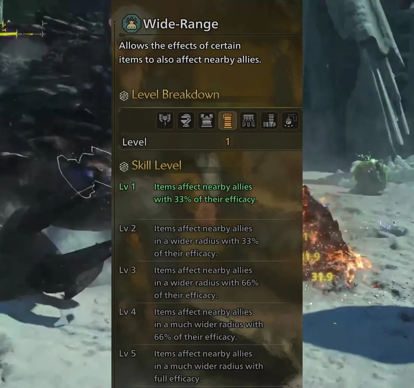 Monster Hunter Wilds Wide-Range skill panel: items affect nearby allies at 33 percent, 66 percent and full efficacy across five levels