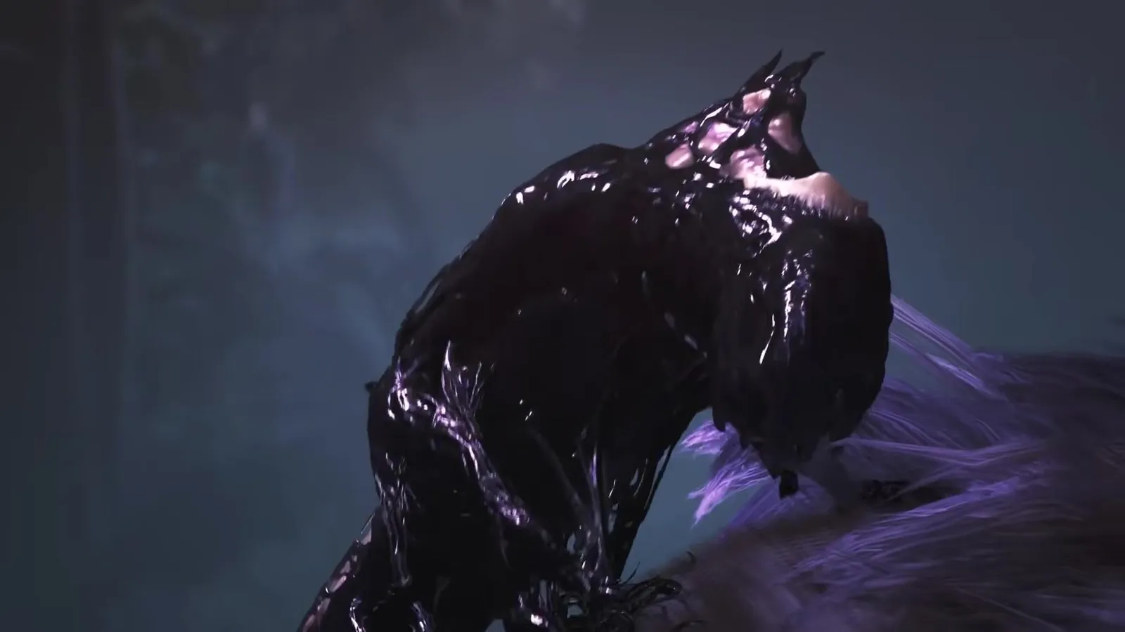 A glossy black tar-like creature with a pink ridged crest rising in a dark jungle, from the Monster Hunter Wilds Ascendance trailer
