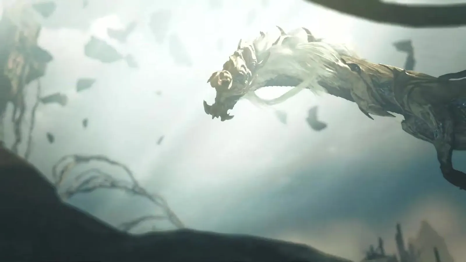 Gundoraja, a pale serpentine Elder Dragon with a flowing mane, flying among floating debris in the Monster Hunter Wilds Ascendance teaser