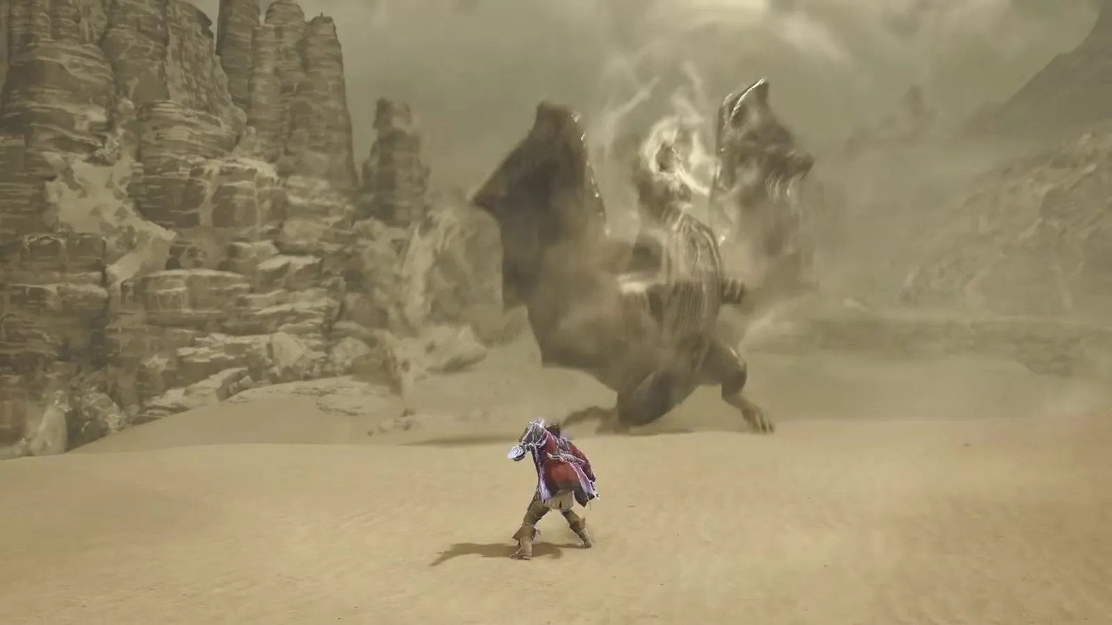 A hunter braced against Kushala Daora inside a sandstorm on open dunes in the Monster Hunter Wilds Ascendance trailer
