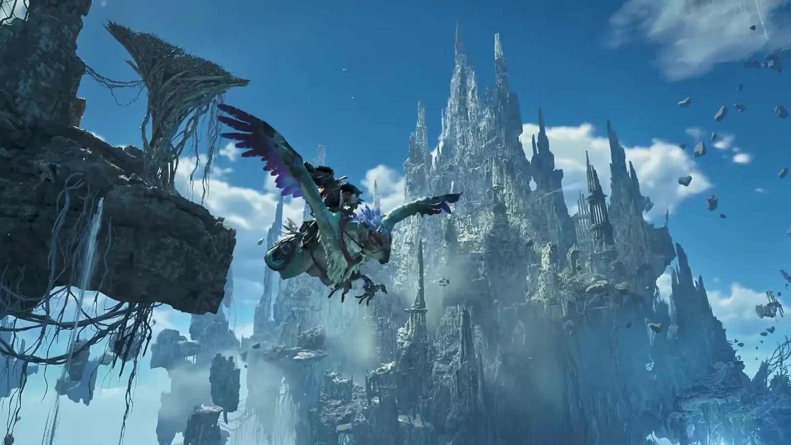 A hunter on a Seikret flying past tall white crystalline spires in the Monster Hunter Wilds Ascendance trailer