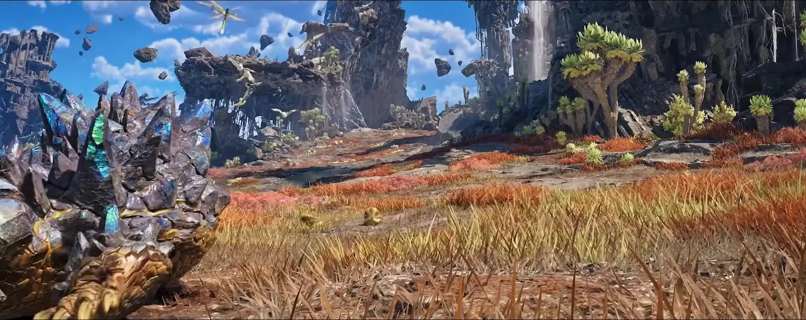 An unidentified creature with an iridescent crystal-studded shell in red-orange grass below floating rocks, Monster Hunter Wilds Ascendance trailer