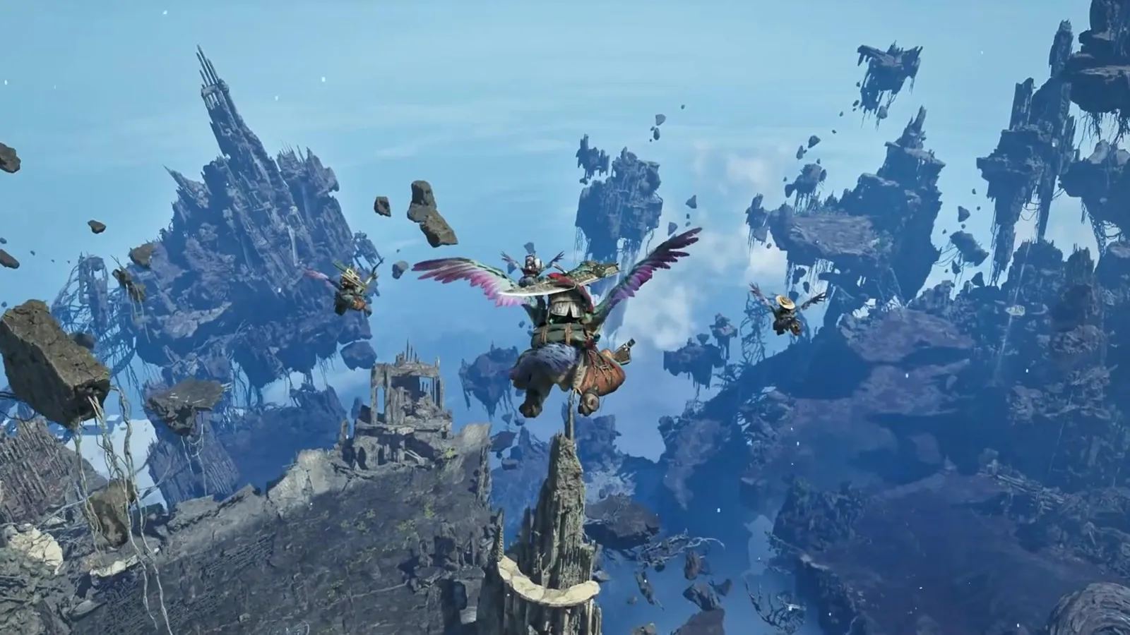 A hunter gliding on a Seikret over the floating ruined islands of the Skybound Eyrie in Monster Hunter Wilds Ascendance