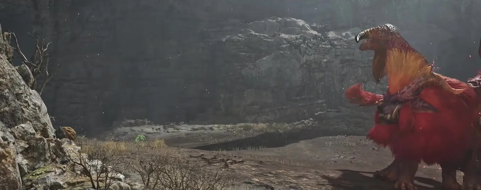 Teostra rearing and roaring in a grey rock canyon in the Monster Hunter Wilds Ascendance trailer
