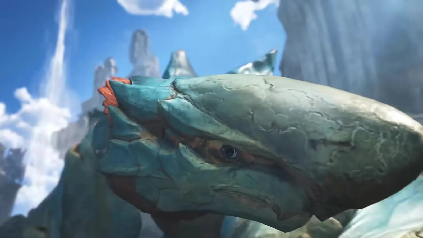 Araketa’s teal head in profile against floating rock pillars and a waterfall in the Skybound Eyrie, Monster Hunter Wilds Ascendance