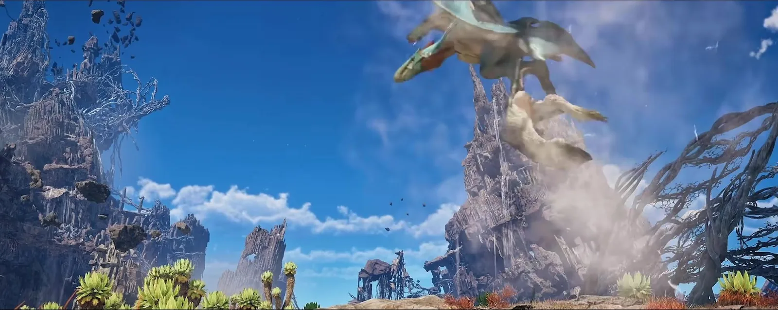 An Araketa flying over the Skybound Eyrie with a Myenma-o in its claws and a puff of dust trailing behind, Monster Hunter Wilds Ascendance