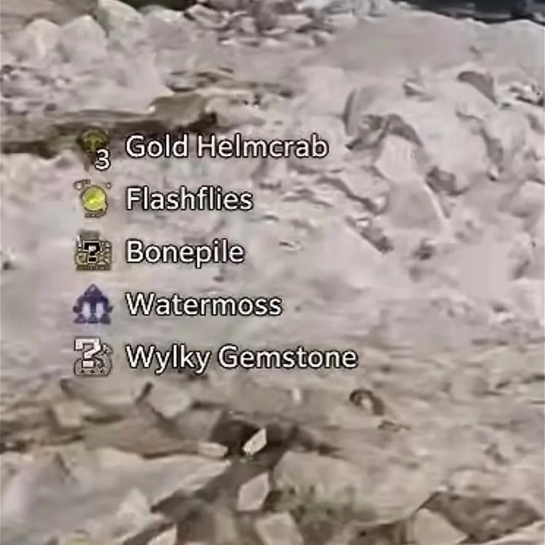 Monster Hunter Wilds Ascendance preview gathering list showing Gold Helmcrab x3, Flashflies, Bonepile, Watermoss and Wylky Gemstone