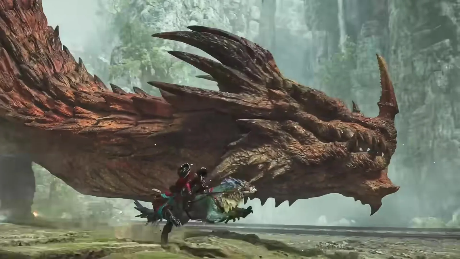Lao-Shan Lung’s spiked red head and neck beside a hunter riding a Seikret below misty cliffs in the Monster Hunter Wilds Ascendance trailer