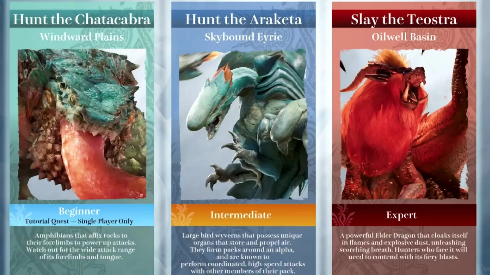 Monster Hunter Wilds Ascendance TGS demo quest cards: Hunt the Chatacabra in Windward Plains, Hunt the Araketa in Skybound Eyrie, Slay the Teostra in Oilwell Basin