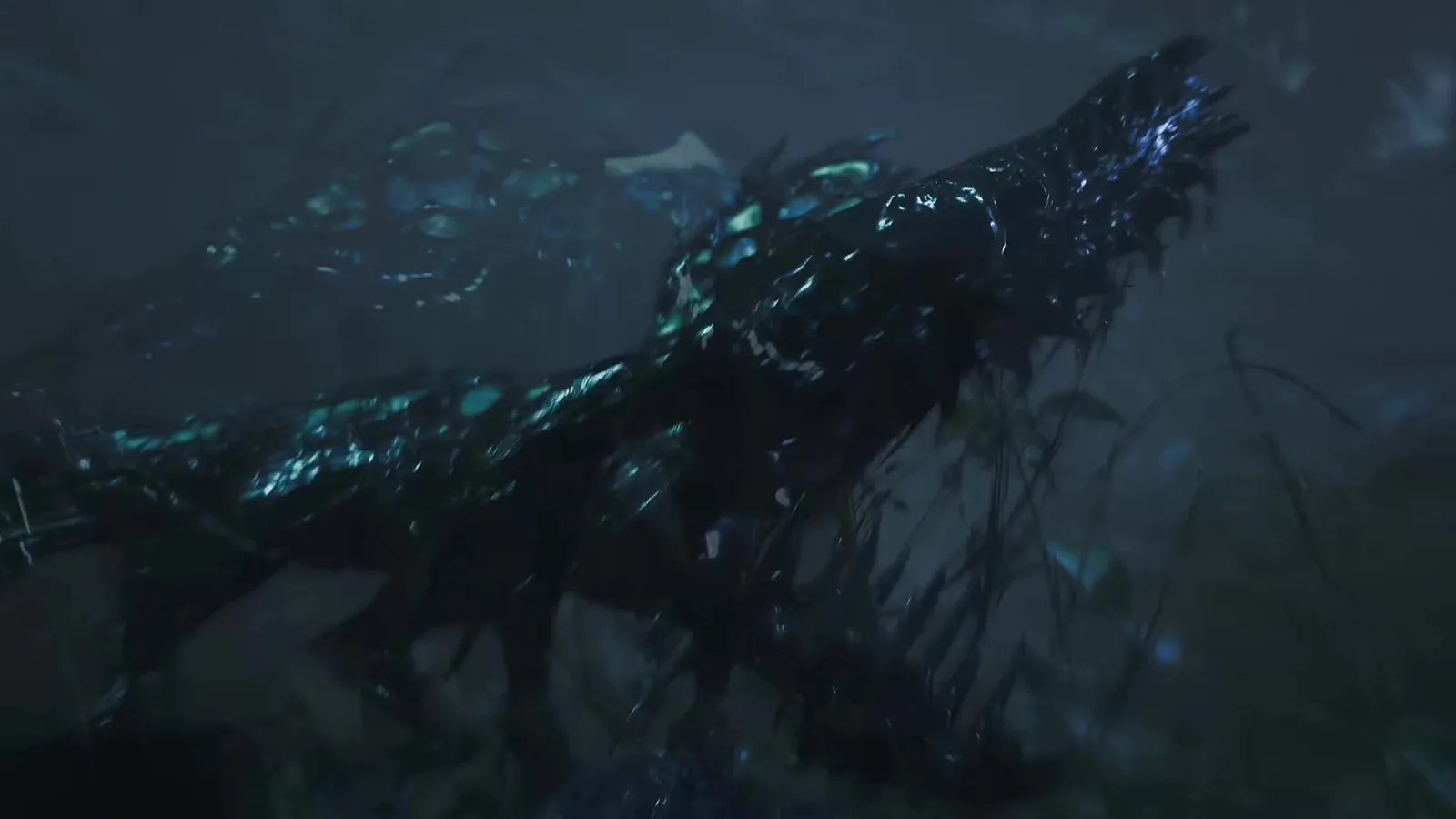 The unnamed glossy black parasite monster spotted with teal lights in a dark jungle, from the Monster Hunter Wilds Ascendance trailer