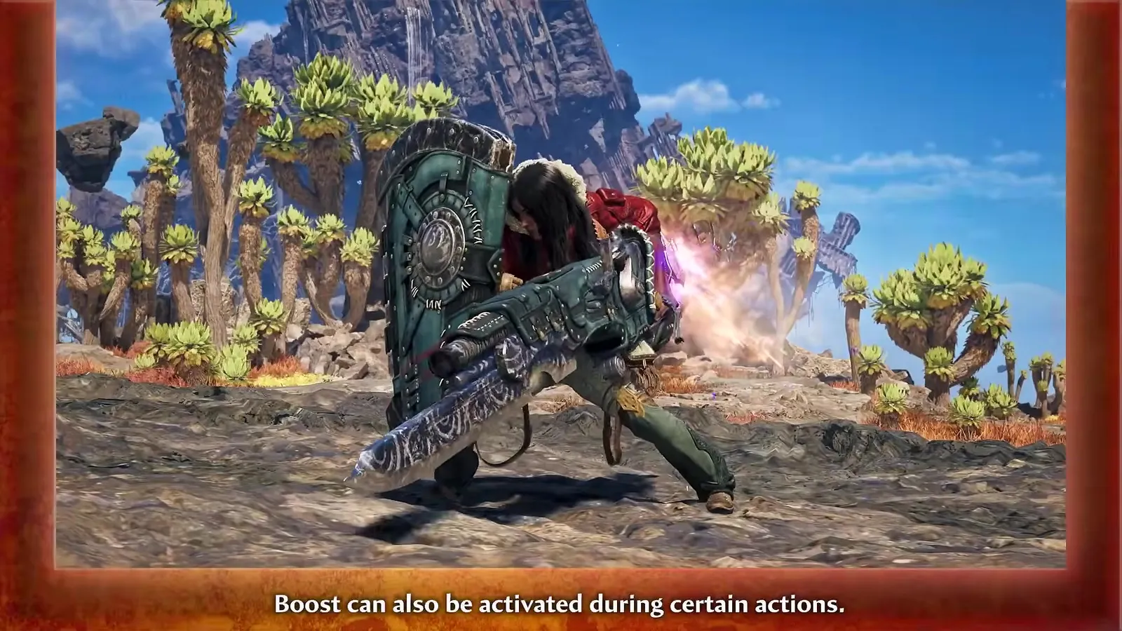 Charge Blade hunter swinging a glowing axe in the Skybound Eyrie with the caption Boost can also be activated during certain actions, Monster Hunter Wilds Ascendance