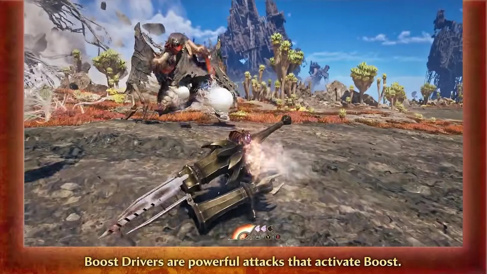 Gunlance hunter lunging and firing a Boost Driver at a monster in the Monster Hunter Wilds Ascendance trailer, caption Boost Drivers are powerful attacks that activate Boost