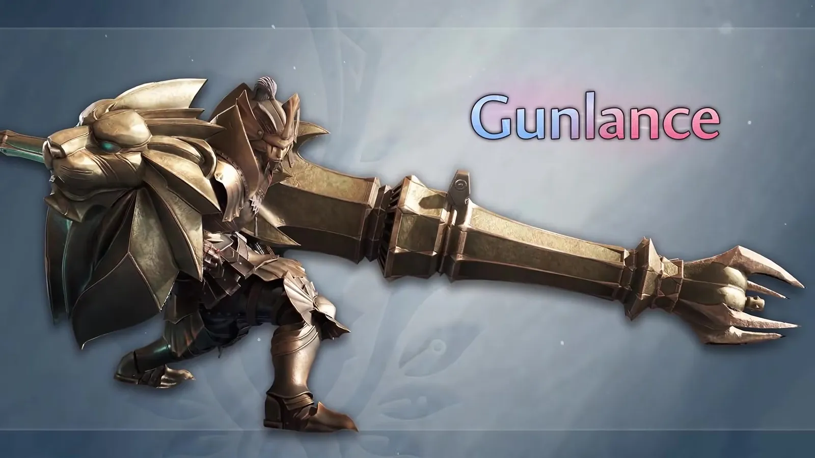 Gunlance weapon card from the Monster Hunter Wilds Ascendance Boost Bracer trailer: a hunter braced behind a lion-head shield with the gunlance pointed forward