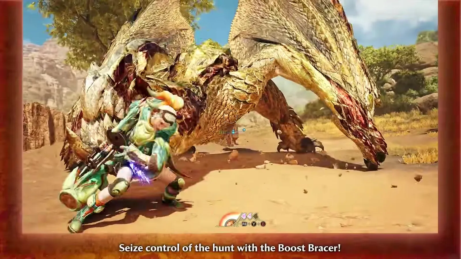 Heavy Bowgun hunter braced under a golden wyvern in the Monster Hunter Wilds Ascendance trailer, caption Seize control of the hunt with the Boost Bracer