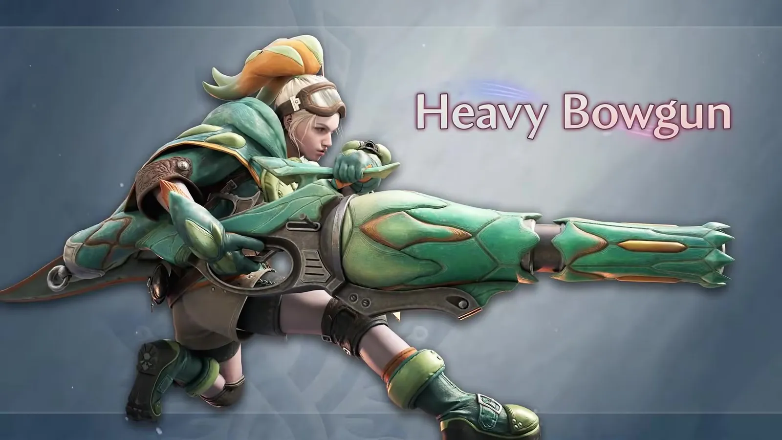 Heavy Bowgun weapon card from the Monster Hunter Wilds Ascendance Boost Bracer trailer: a goggled hunter aiming a green heavy bowgun
