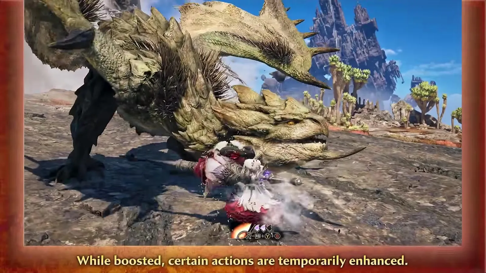 Lance hunter guarding point-blank under a spiked wyvern in the Monster Hunter Wilds Ascendance trailer, caption While boosted, certain actions are temporarily enhanced