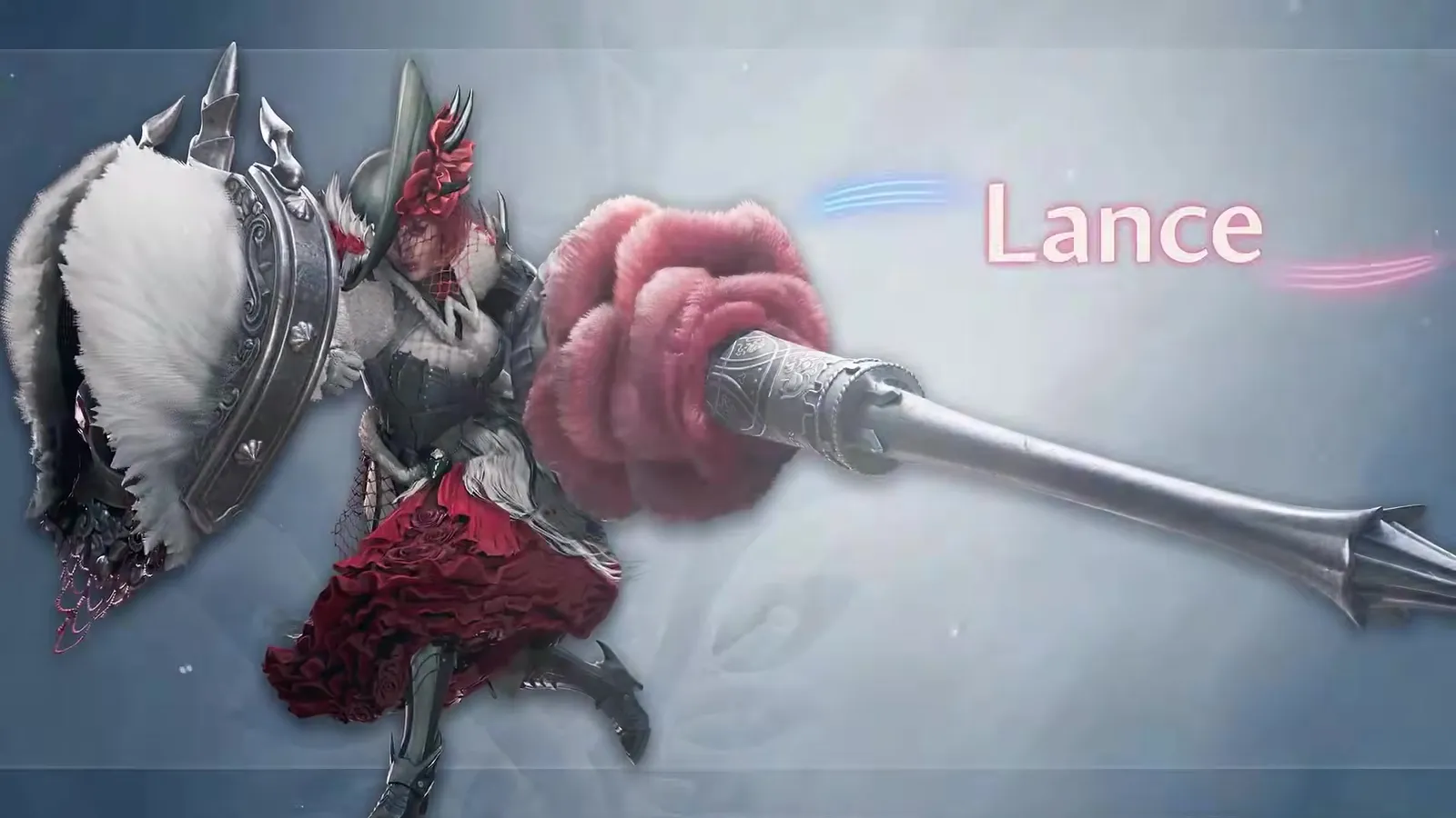 Lance weapon card from the Monster Hunter Wilds Ascendance Boost Bracer trailer: a hunter with a white fur shield and a lance tipped with a red rose