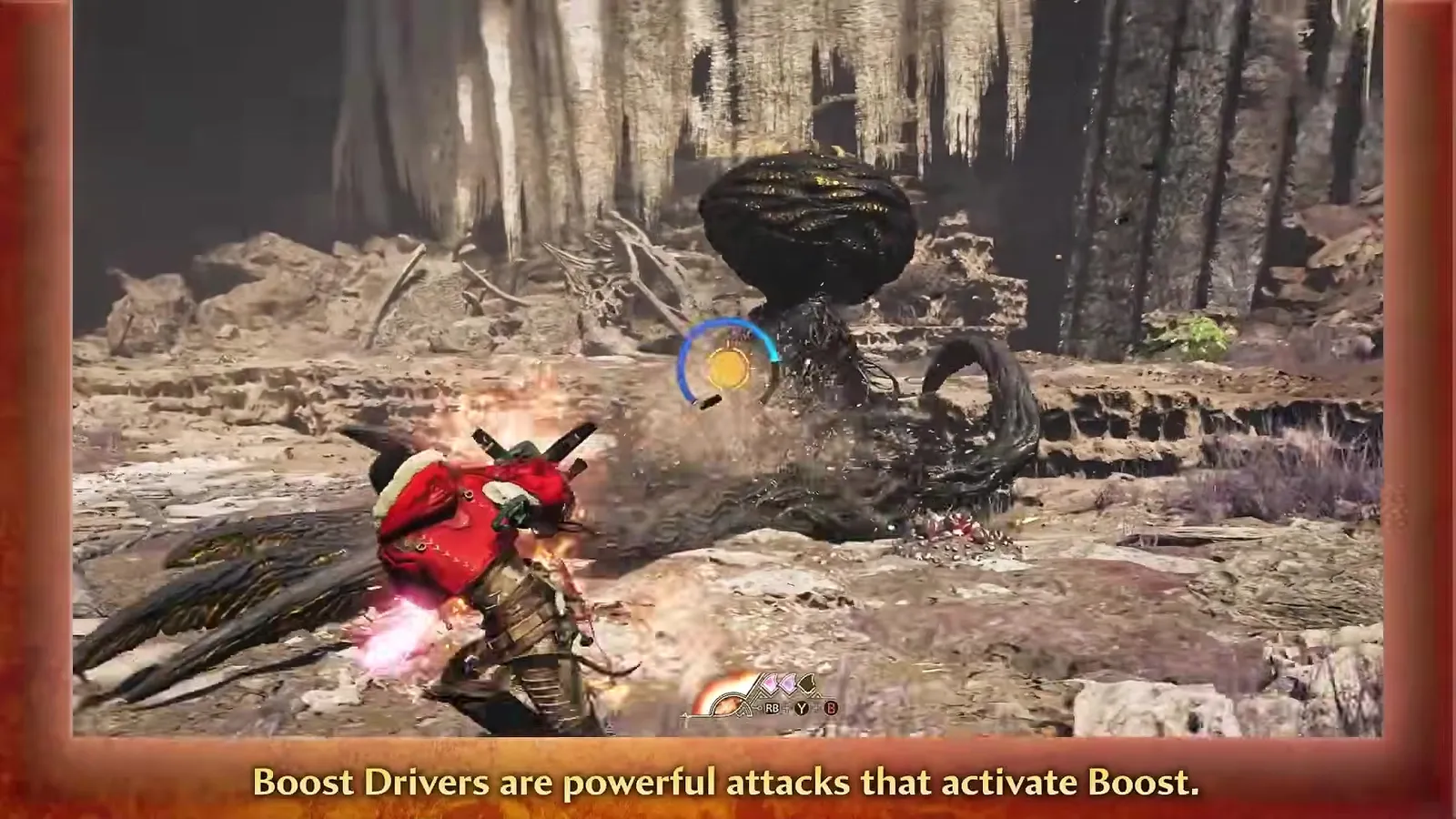 Light Bowgun hunter firing a Boost Driver at a tentacled monster in a cave in the Monster Hunter Wilds Ascendance trailer