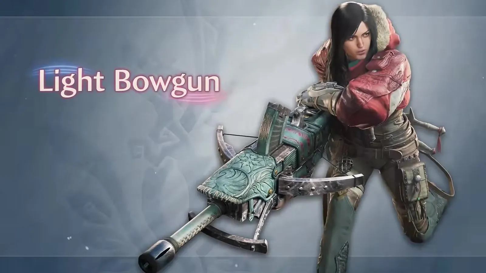 Light Bowgun weapon card from the Monster Hunter Wilds Ascendance Boost Bracer trailer: a hunter in a red fur-trimmed jacket holding a light bowgun