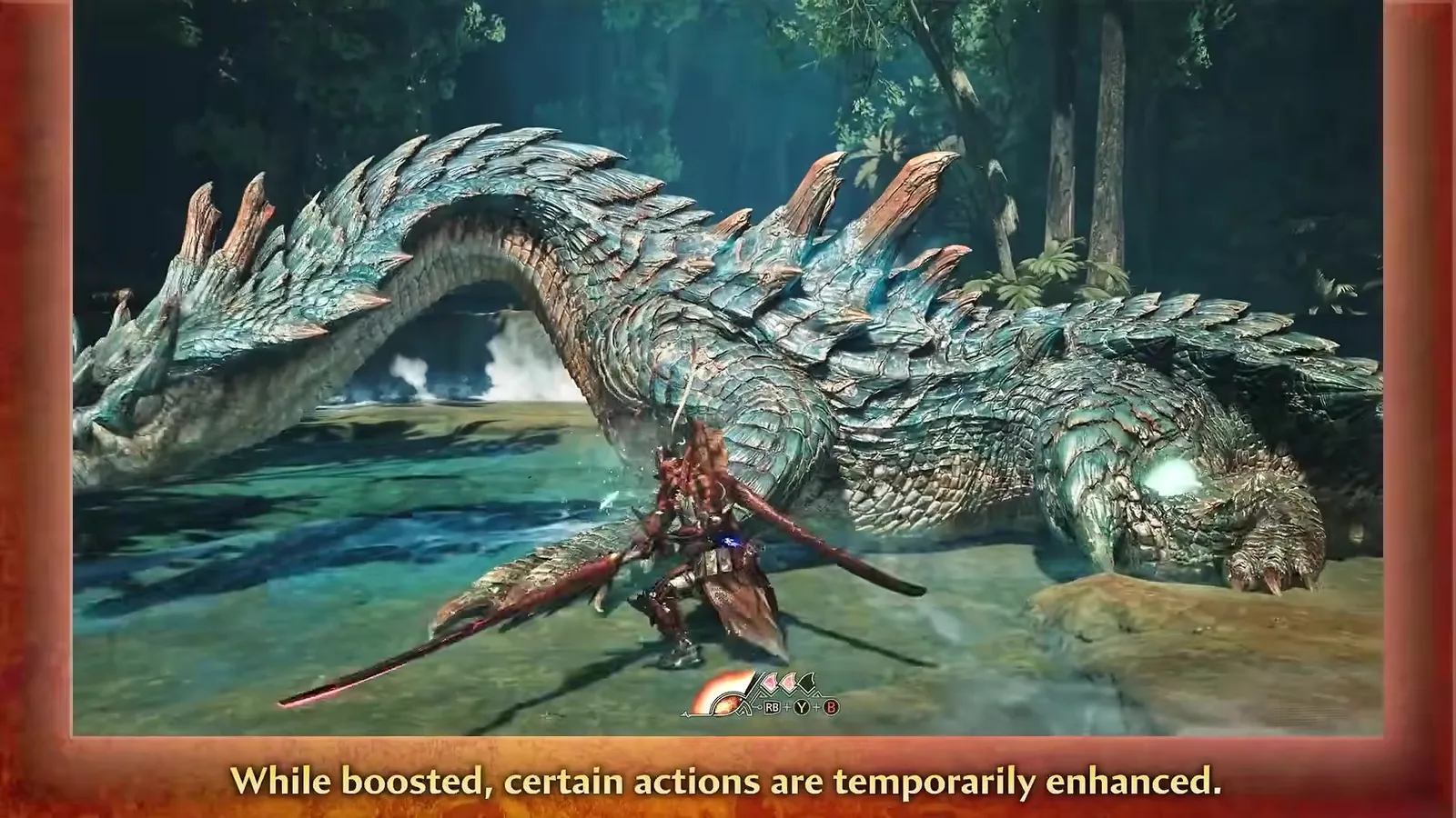 Long Sword hunter boosted in a stream facing a large water leviathan in the Monster Hunter Wilds Ascendance Boost Bracer trailer