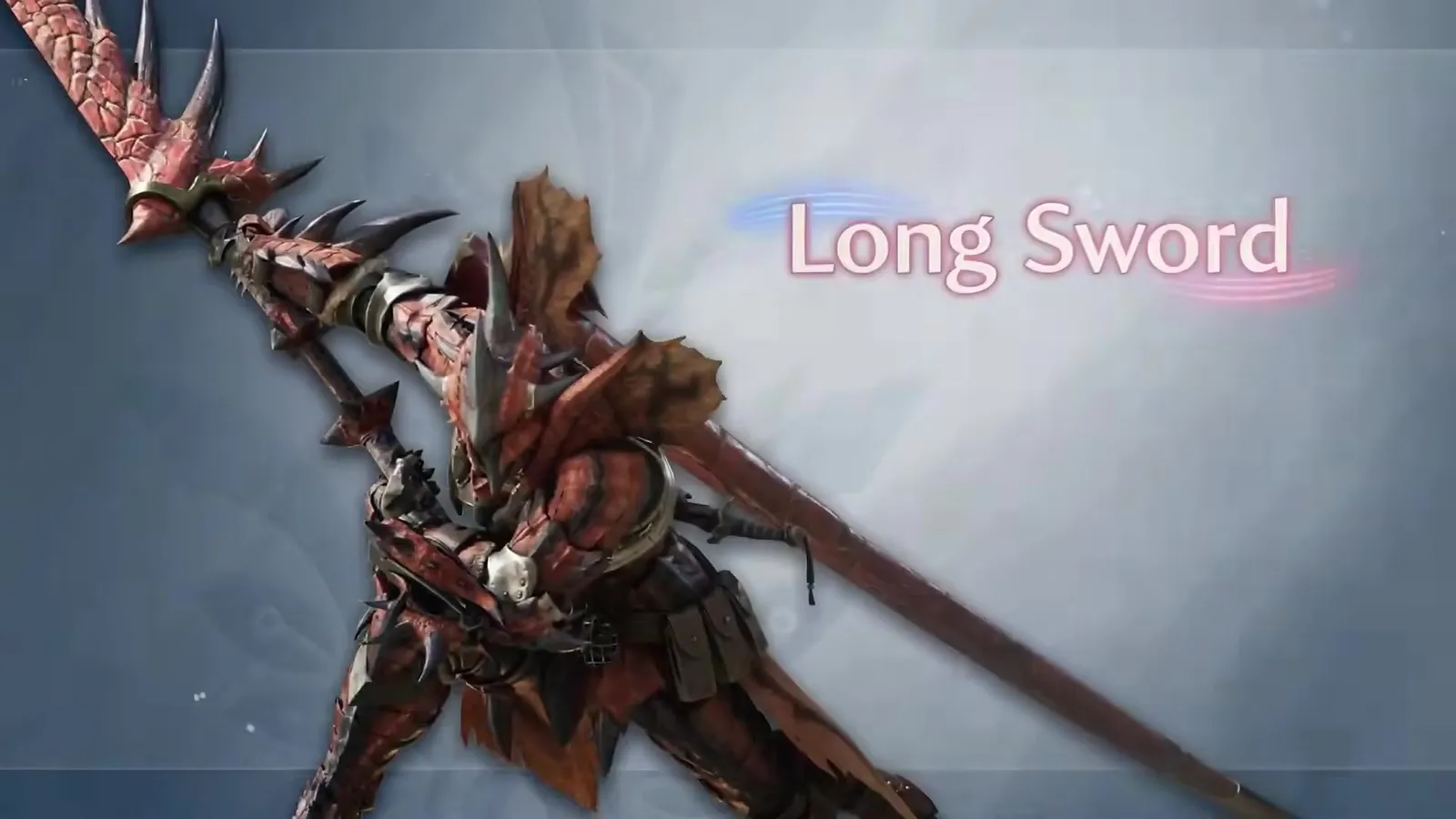 Long Sword weapon card from the Monster Hunter Wilds Ascendance Boost Bracer trailer: a hunter in spiked red armor holding a long katana