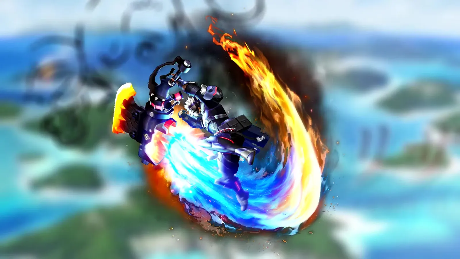 Promotional art of a hunter swinging a flaming Accel Axe, from the mobile game Monster Hunter Explore, discussed as a possible Monster Hunter Wilds weapon