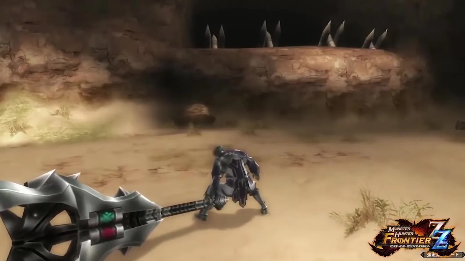 The silver Magnet Spike in the foreground with a hunter in a desert arena, Monster Hunter Frontier ZZ footage, an old weapon type compared with Monster Hunter Wilds